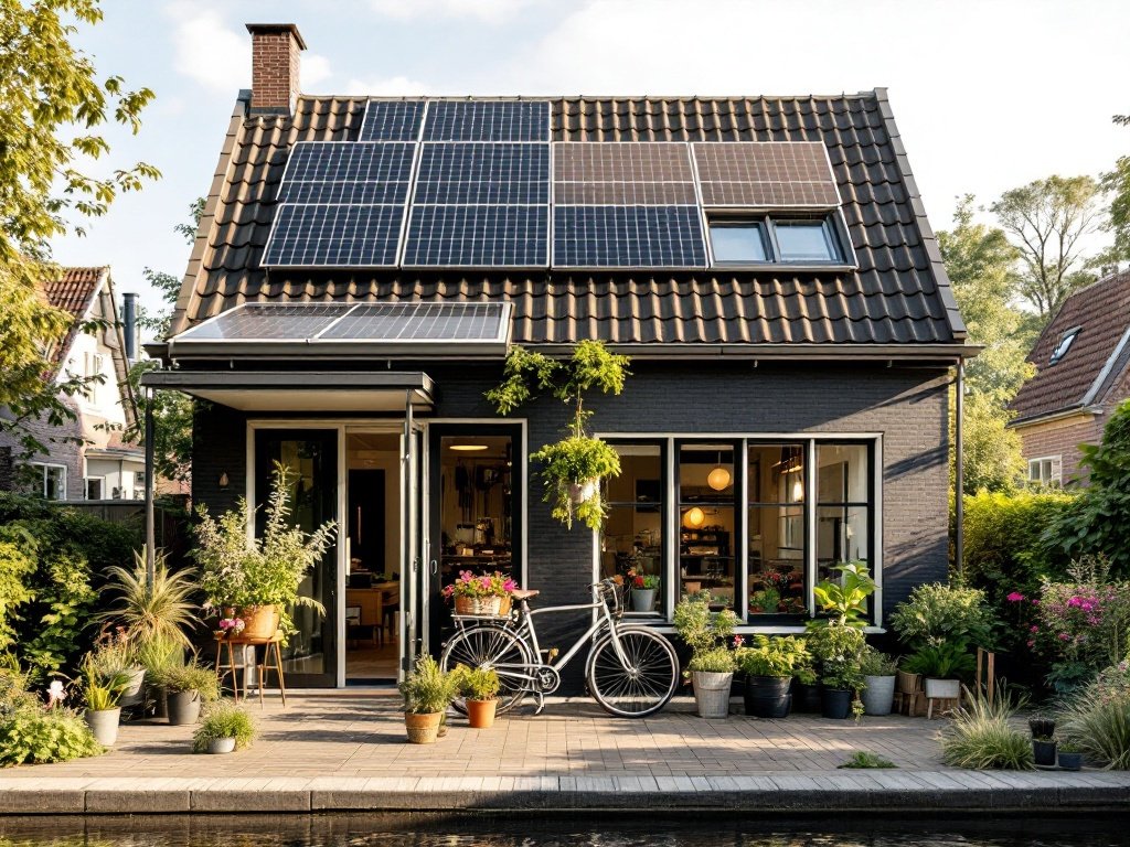 Duurzaam huis met zonnepanelen en fiets in Nederland